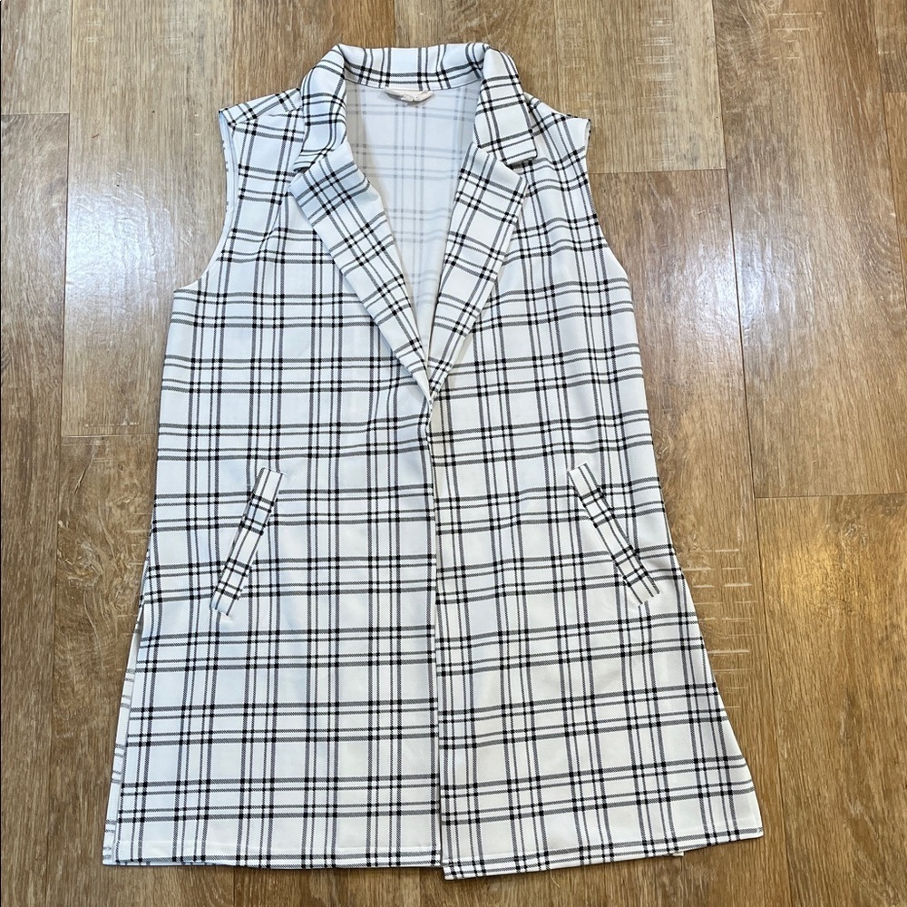 Melloday Longline Vest Windowpane Print White Black Open Front Medium M EUC - Picture 2 of 12